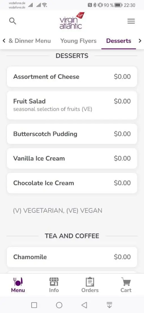 VS Lounge JFK Menu Dinner Desserts