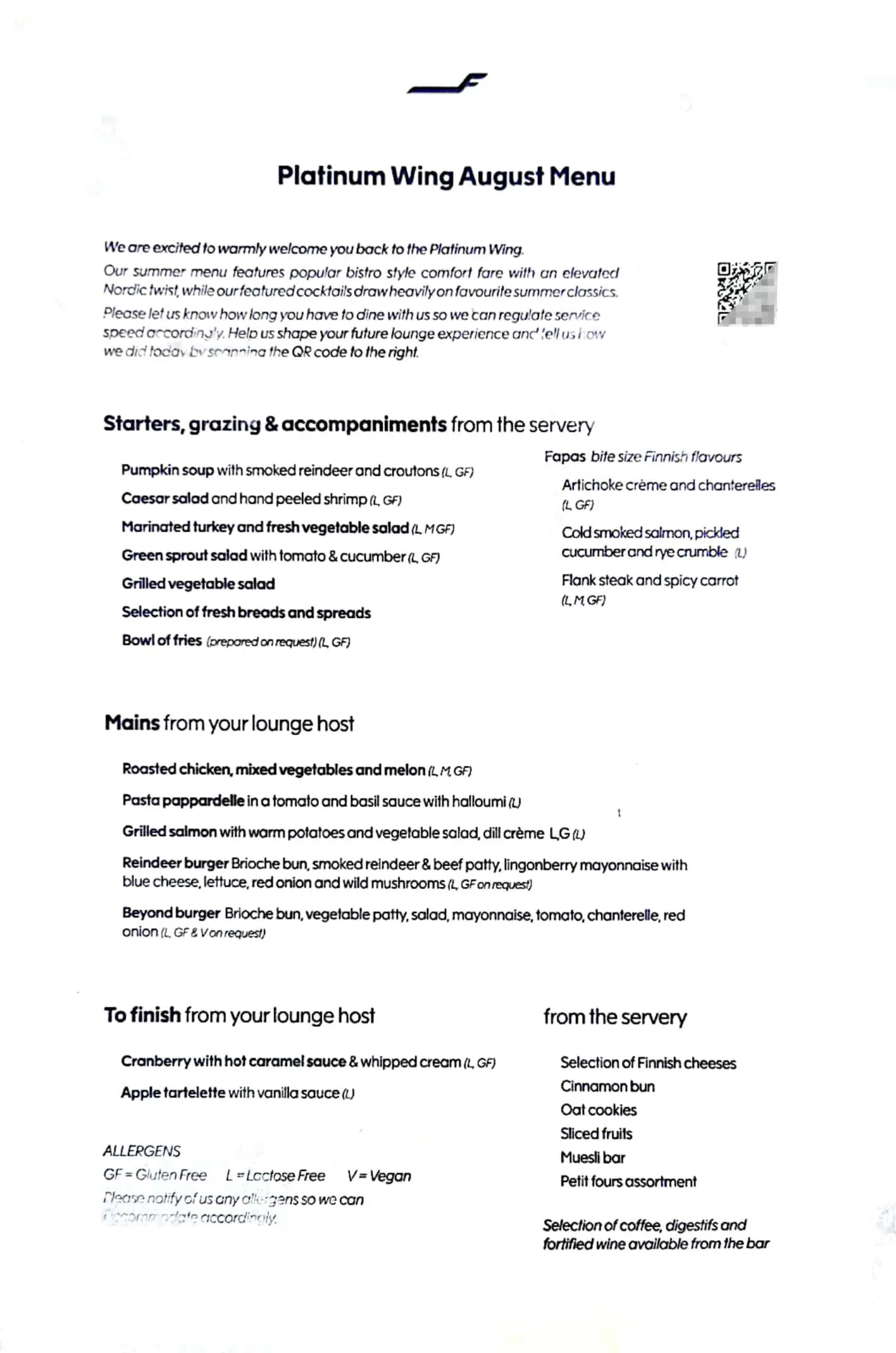 Finnair Speisekarte Platinum Wing Aug22