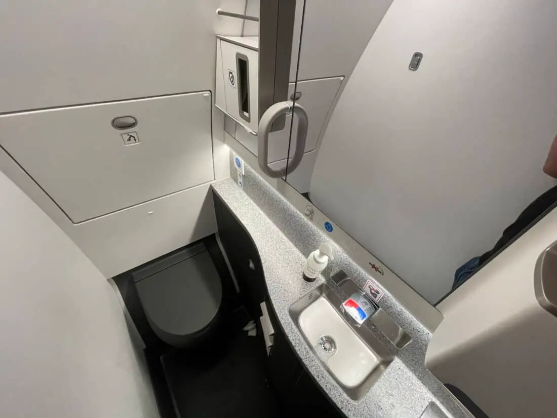 SAS Premium Economy LAX CPH Review Toilette Weitwinkel Bild 1