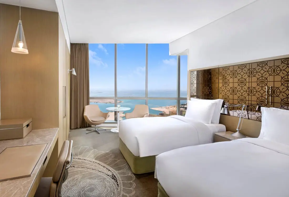 Conrad Abu Dhabi Etihad Towers twin deluxe room with sea view bedroom jpg