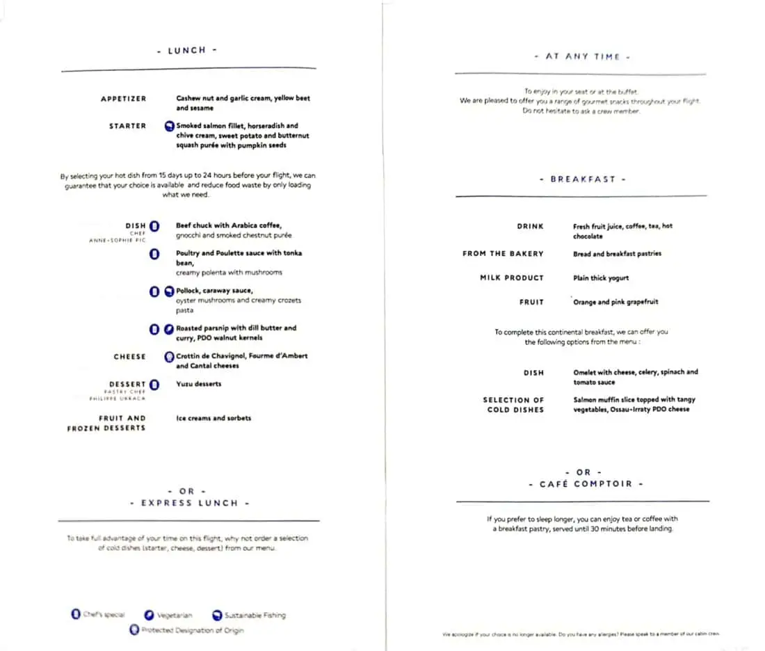 AF Biz CDG ICN Speisekarte 1