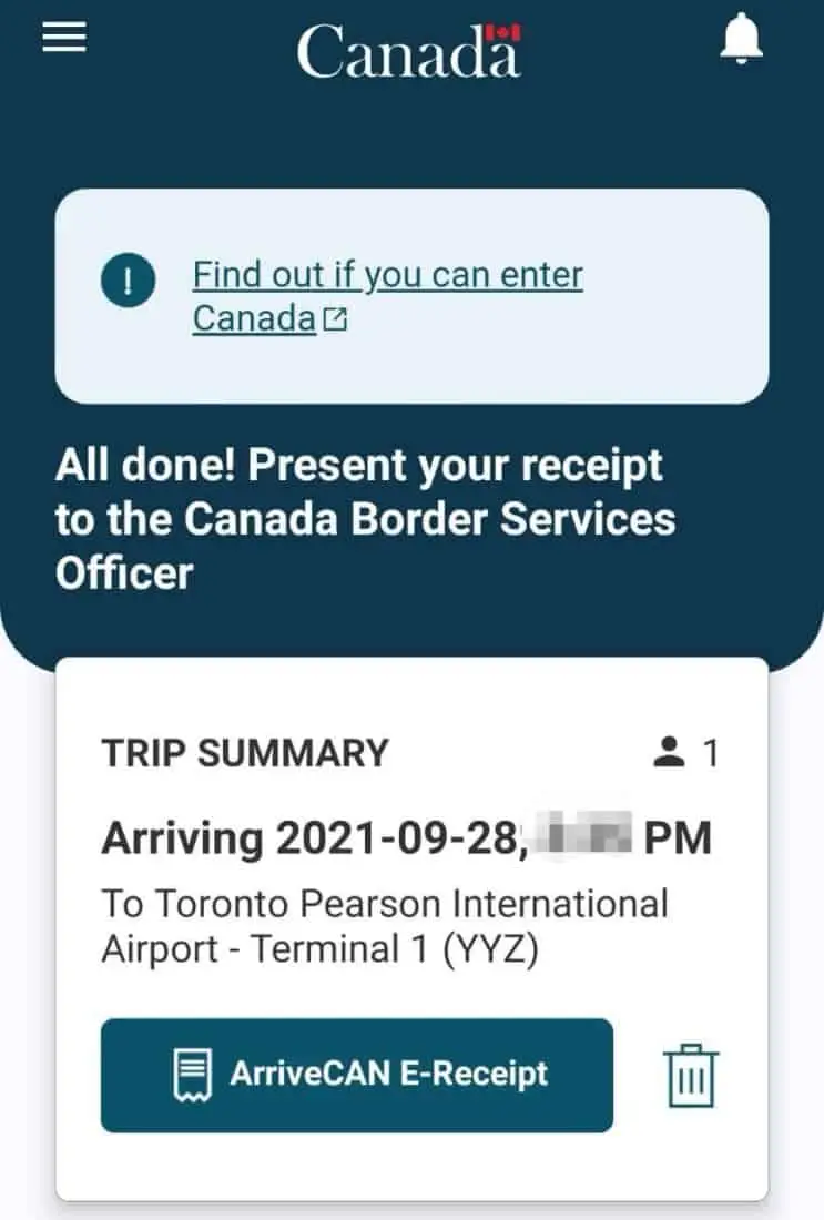 ArriveCAN Receipt