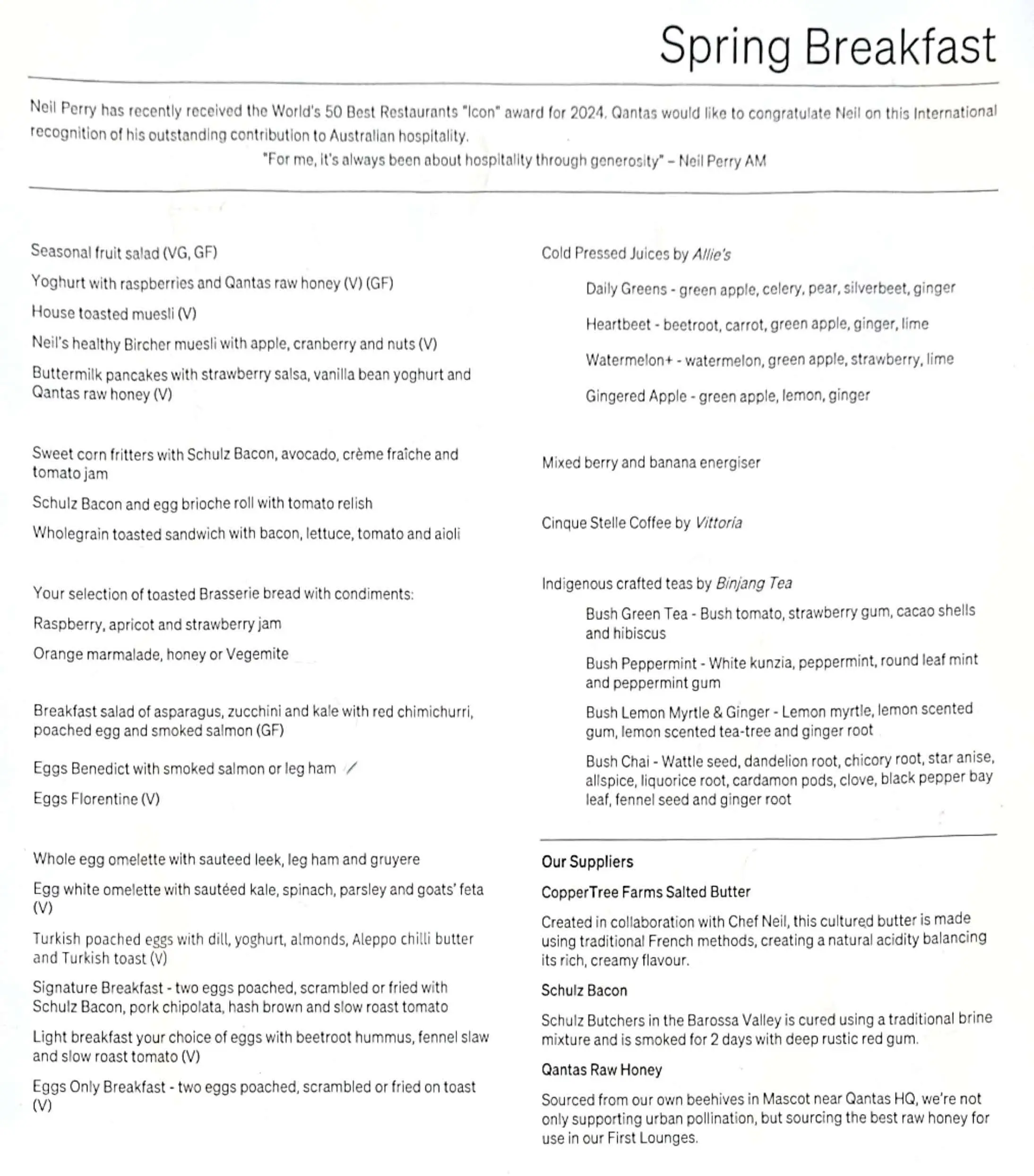 Qantas First Lounge SYD Speisekarte Fruehstueck