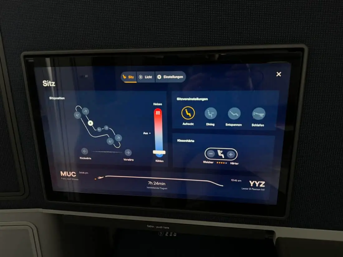 Lufthansa Allegris Business Suite Bildschirm Kamera Sitzeinstellungen