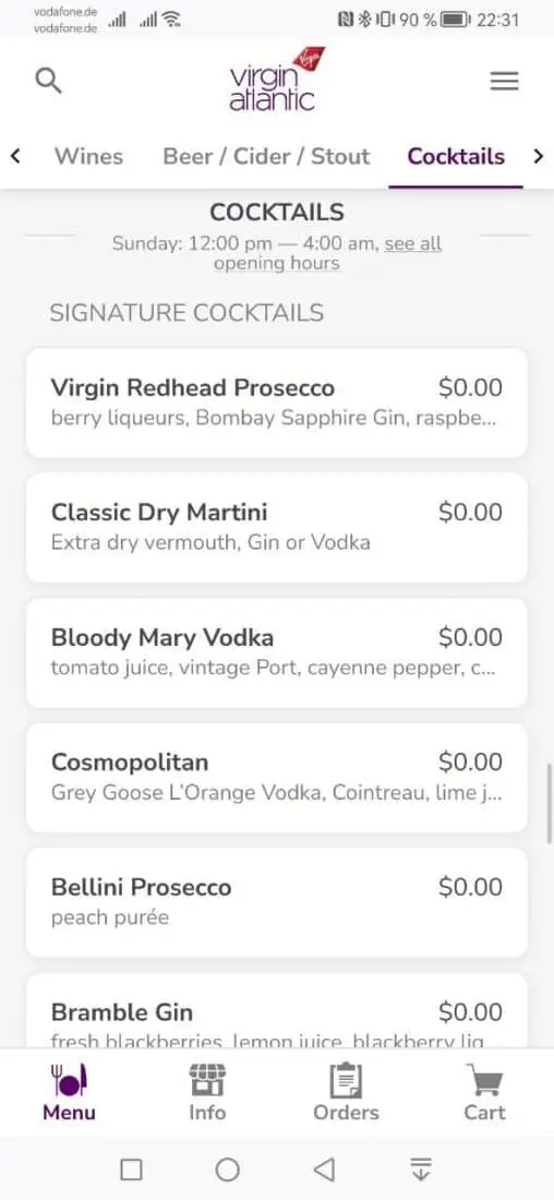 VS Lounge JFK Menu Cocktails
