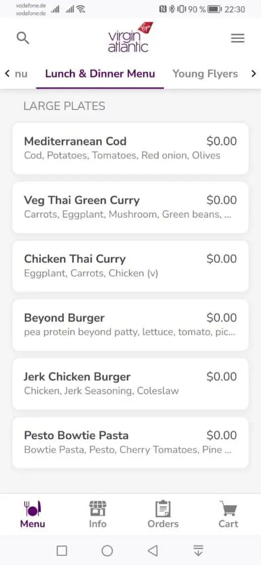 VS Lounge JFK Menu Dinner 1