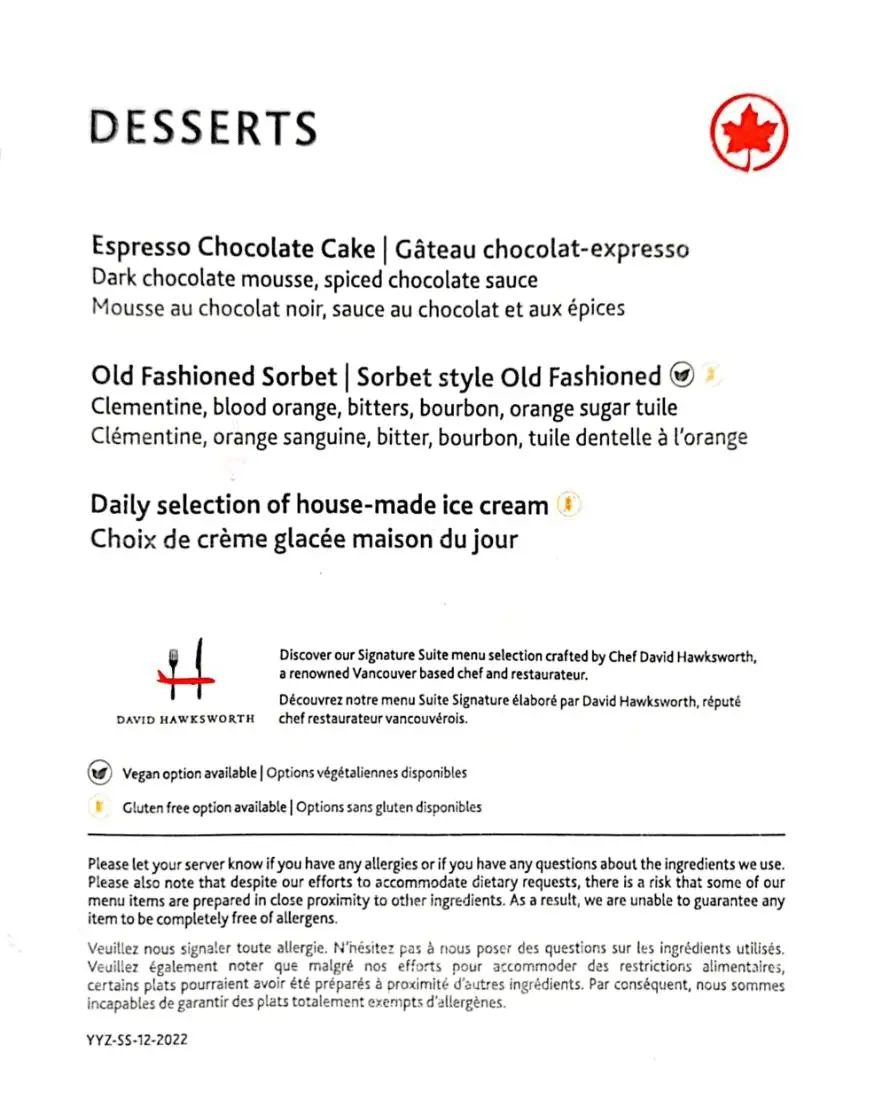 AC Signature Suite Dessert Karte