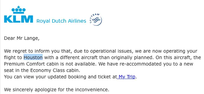 klm downgrade houston