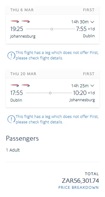BA F JNB DUB 2800