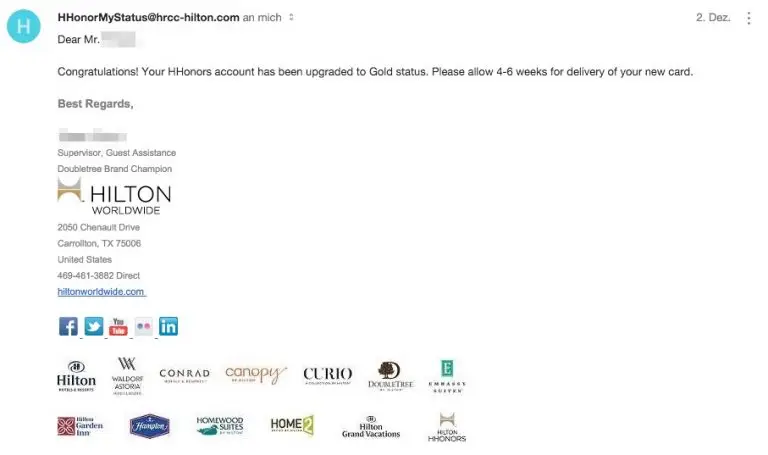 Hilton HHonors Status Match Bestätigung