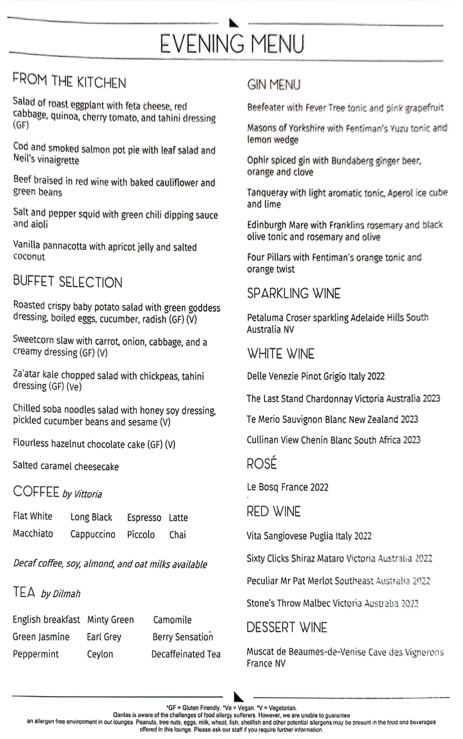 QF Lounge LHR Evening Menu
