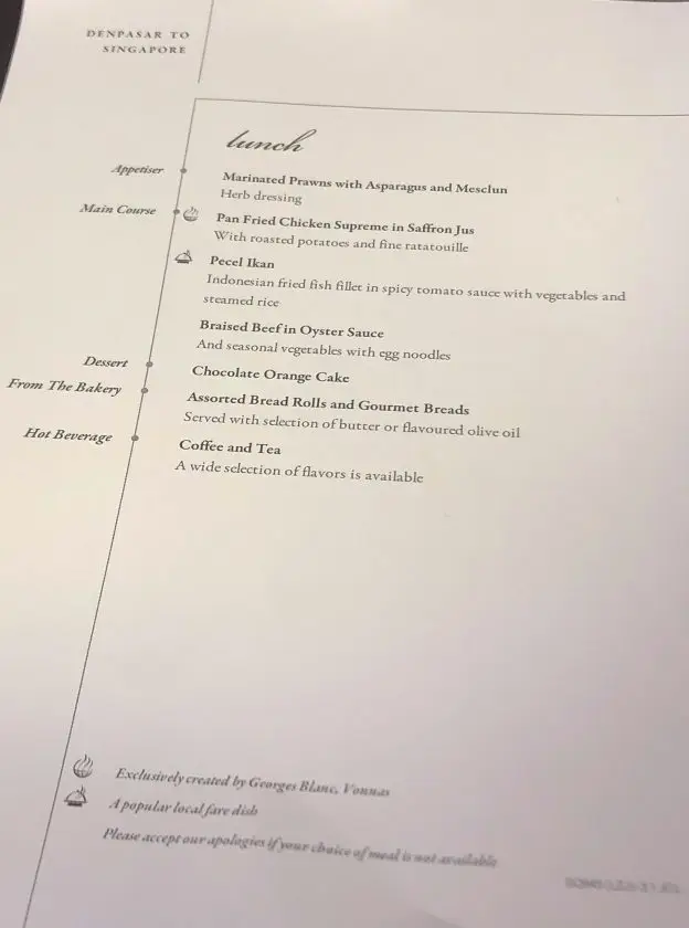 Singapore Airlines Boeing 787 10 Business Class Menu