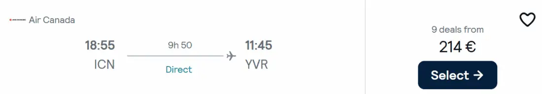 Booking example on Skyscanner for a one-way flight from Seoul to Vancouver for €214