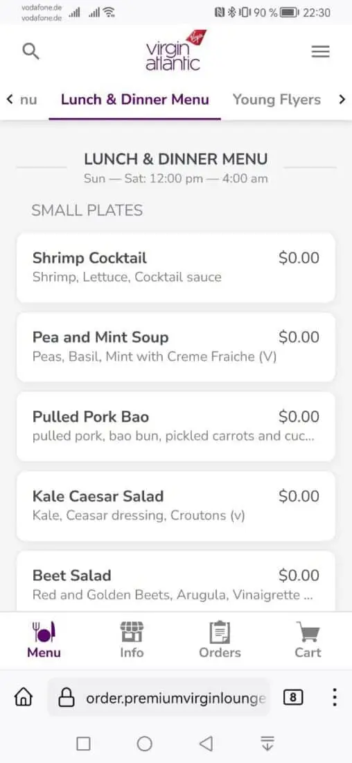 VS Lounge JFK Menu Dinner 2