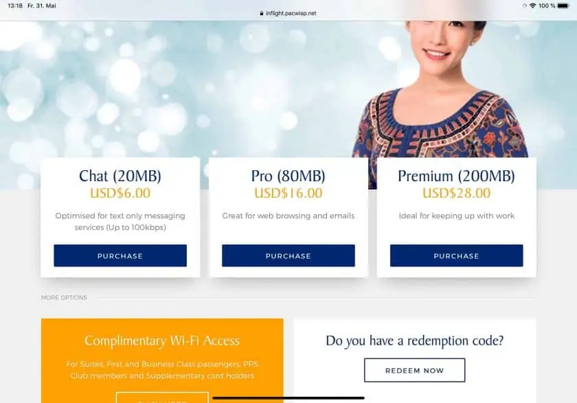 Singapore Airlines Internetpakete