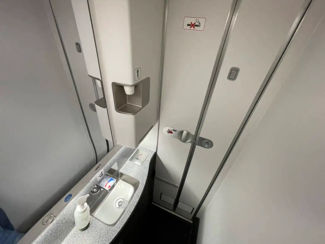 SAS Premium Economy LAX CPH Review Toilette Weitwinkel Bild 2