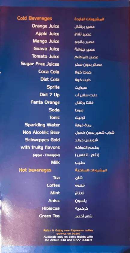 Bewertung EgyptAir Business Class A330 BKK CAI Menu 3