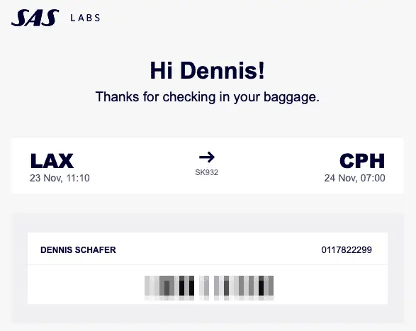 SAS Premium Economy LAX CPH Review Baggage Receipt