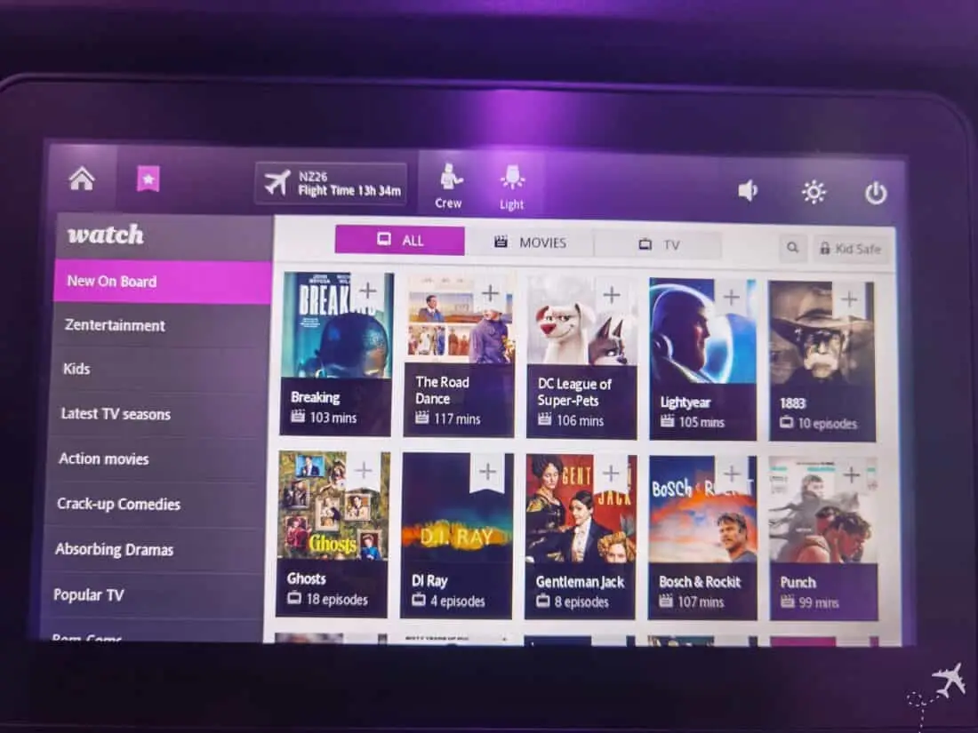 Air NZ Prem Eco Filmauswahk